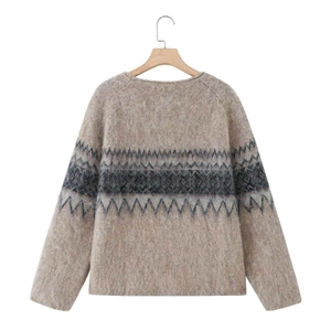 Women's crew neck jacquard knit sweater featuring vintage wavy patterns in earthy brown