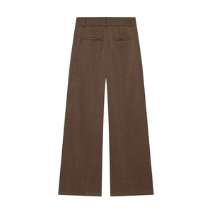 Detail of the khaki green wool blend pants showing the rear waist and symmetric flat pockets