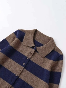Close-up of polo collar and buttons on dark blue and brown striped knit cardigan