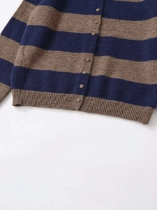 Close-up of a striped knit cardigan featuring fabric-covered buttons and ribbed cuffs