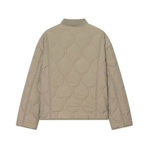 Back view of a beige quilted jacket with wave patterns and a ribbed stand-up collar