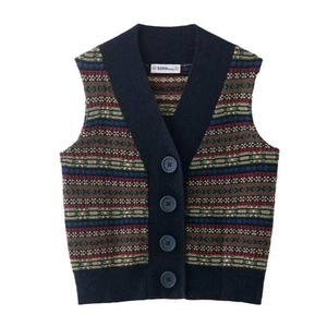 Women Retro V-Neck Knitted Sweater Vest Vintage Fair Isle Geometric Pattern Sleeveless Button Down Knitwear Cardigan Top