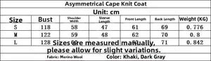 Detailed size guide for asymmetric poncho knit sweater coat with chest and sleeve specs