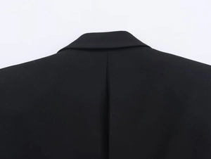Detail of back collar and shoulder seams on a black tailored blazer for women