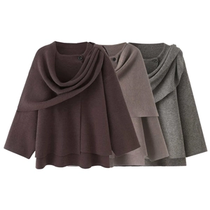 Elegant Sheep Cashmere Asymmetric Poncho Sweater Women Scarf Collar Single Button Layered Hem Knitted Outerwear Wrap Top