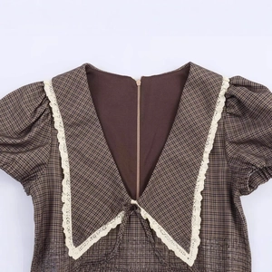 Vintage brown plaid dress with oversized lace collar and elegant puff sleeves