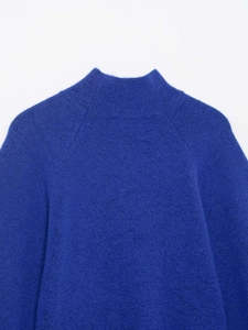 Detail of blue mock neck knit sweater showing soft fabric texture and raglan sleeves