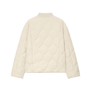 Rear view of cream quilted jacket featuring water-drop stitching and ribbed stand collar