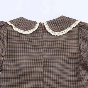 Vintage checkered dress with double Peter Pan collar, lace trim and bubble sleeves