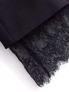 Detail of elegant black blazer dress featuring exquisite eyelash lace trim at the hem