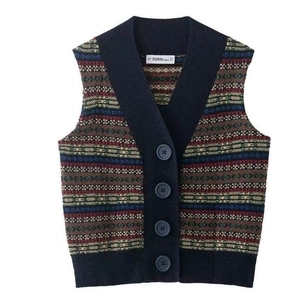 Vintage V-neck knitted vest featuring ethnic geometric jacquard and blue buttons