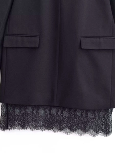 Detailed view of black blazer dress with elegant eyelash lace hem and flap pockets