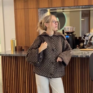 Women's knit jacket with brown plaid pattern, lapel design and dark buttons in casual style