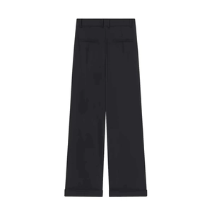 Women's black asymmetrical wide-leg trousers featuring a stylish loose fit and back pockets