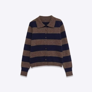 Women Retro Striped Knit Cardigan Polo Collar Long Sleeve Single Breasted Polyester Sweater Top Office Lady Casual Knitwear