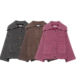 Women's knit cardigans with lapels and geometric patterns in three different colors