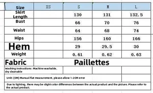 Detailed size chart for women's sequin slip dress including length, bust and waist data