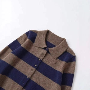 Brown and navy blue striped polo collar knit cardigan with buttons in high quality