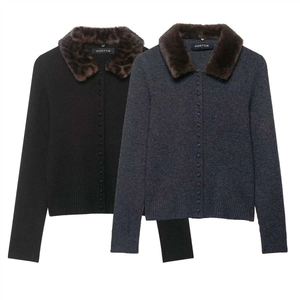 Gilet en Tricot Décontracté pour Femmes avec Col en Fausse Fourrure Manches Longues Boutonné Chandail d'Automne Hiver