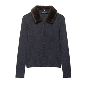 Dark grey knit cardigan with a brown faux fur collar and button closure on white background