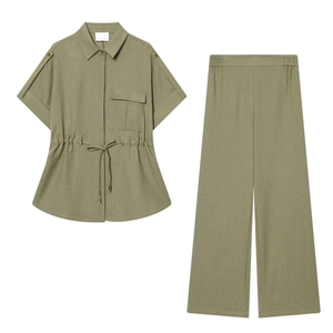 Women Outfits Polyester Short Sleeve Shirt And Wide Leg Pants Solid Color Drawstring Waist Cargo Style Casual Utility Wear