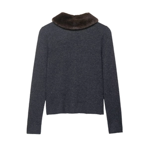 Dark grey long sleeve knit sweater featuring a stylish brown faux fur collar decoration