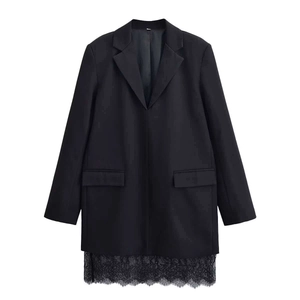 Women Elegant Black Lace Patchwork Blazer Dress Notched Lapel Long Sleeve Eyelash Lace Hem Solid Color Fashion Midi Dress