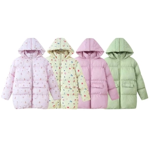 Kids quilted hooded puffer jackets in pastel colors with floral patterns and large pockets