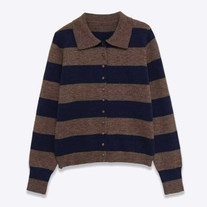 Classic striped knit cardigan with polo collar and button-down front in brown and blue