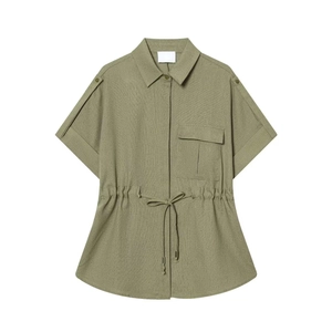Olive green short sleeve cargo shirt with drawstring waist and shoulder epaulettes