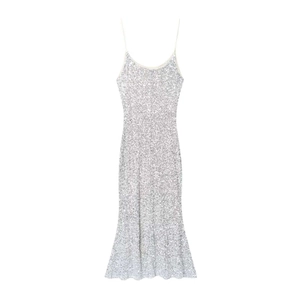 Women's Sexy Silver Sequin Spaghetti Strap Dress Slim Fit Fishtail Maxi Evening Party Dress Elegant Banquet Dress