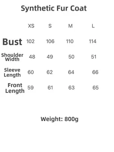 Size guide for faux fur coat showing measurements for bust, shoulders, and length