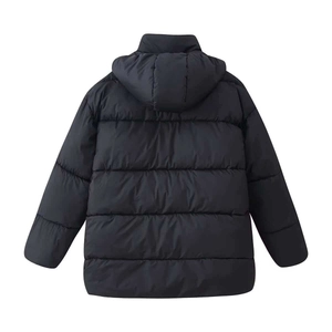 Back view of a black hooded puffer jacket featuring wide horizontal quilted patterns