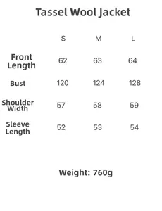 Detailed size chart for fringe wool jacket including chest, shoulder, and sleeve length