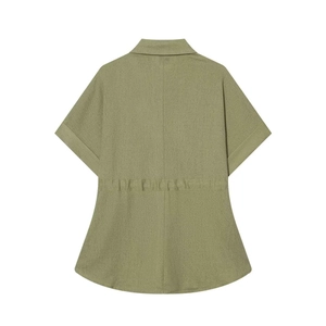 Olive green short sleeve top with drawstring waist and classic collar, back view