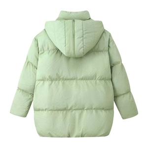 Detail view of the back of a light green hooded puffer coat with central hood zipper