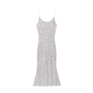 Chic silver sequin slip dress with slim fit tailoring and fisheye hem design