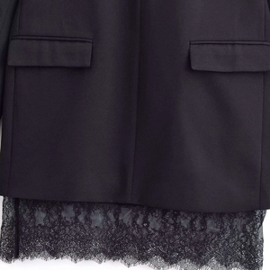 Women's black tailored blazer dress featuring elegant eyelash lace hem in minimalist style