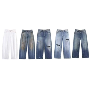 Pantalon Jeans Taille Haute pour Femme Décontracté Droit Jambe Large Déchiré Denim Délavé Vintage Streetwear Pantalon pour Femme