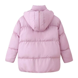 Back view of pink hooded puffer jacket with jacquard texture and quilted panels