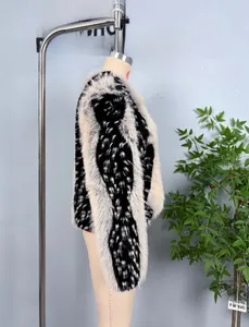Detail shot of the thick texture and black spotted faux fur on this short coat
