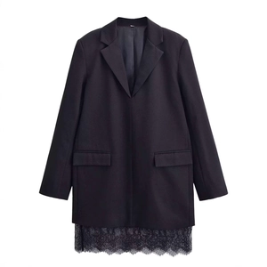 Women's black deep V-neck long blazer dress featuring delicate eyelash lace trim at the hem