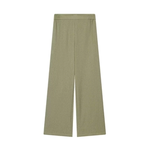 Detailed front view of olive green high-waisted wide-leg trousers with elastic waistband