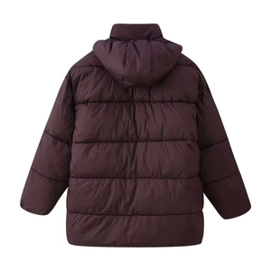 Detailed back view of dark purple padded parka with quilted design and oversized hood