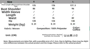 Detailed size guide table for caramel brown polyester dress in sizes S, M and L