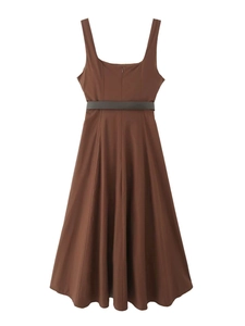 Detail of a brown midi A-line dress featuring a square neck and a stylish decorative belt