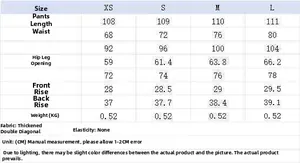 Detailed size chart for flare trousers including waist and hip measurements in centimeters
