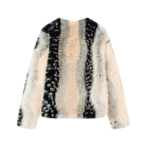 Women's faux fur short jacket featuring vertical stripes in black, grey, and beige