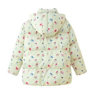 Detail view of children's winter puffer coat featuring colorful fruit patterns on the back