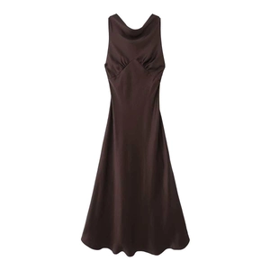 Women's Elegant Satin Cowl Neck Sleeveless Midi Dress Slim Fit Pleated Solid Color Backless Party Evening Gown